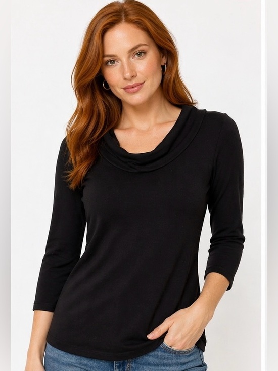 le chateau Tops - Black Cowl Neck Top XXS | Side Zip Slim Fit Stretch Blouse Elegant Minimalist